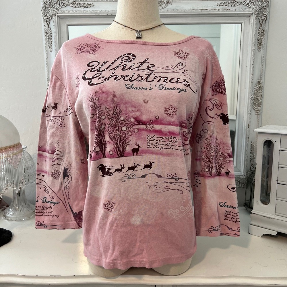 vintage pink graphic christmas quarter‎ sleeve top - Picture 2 of 5